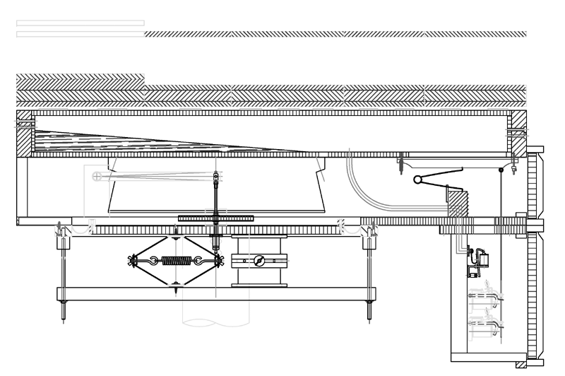 Side cross-section of soundboard showing double magnet action