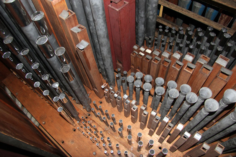 Ranks of metal pipes standing on the soundboard of the Bevington organ
